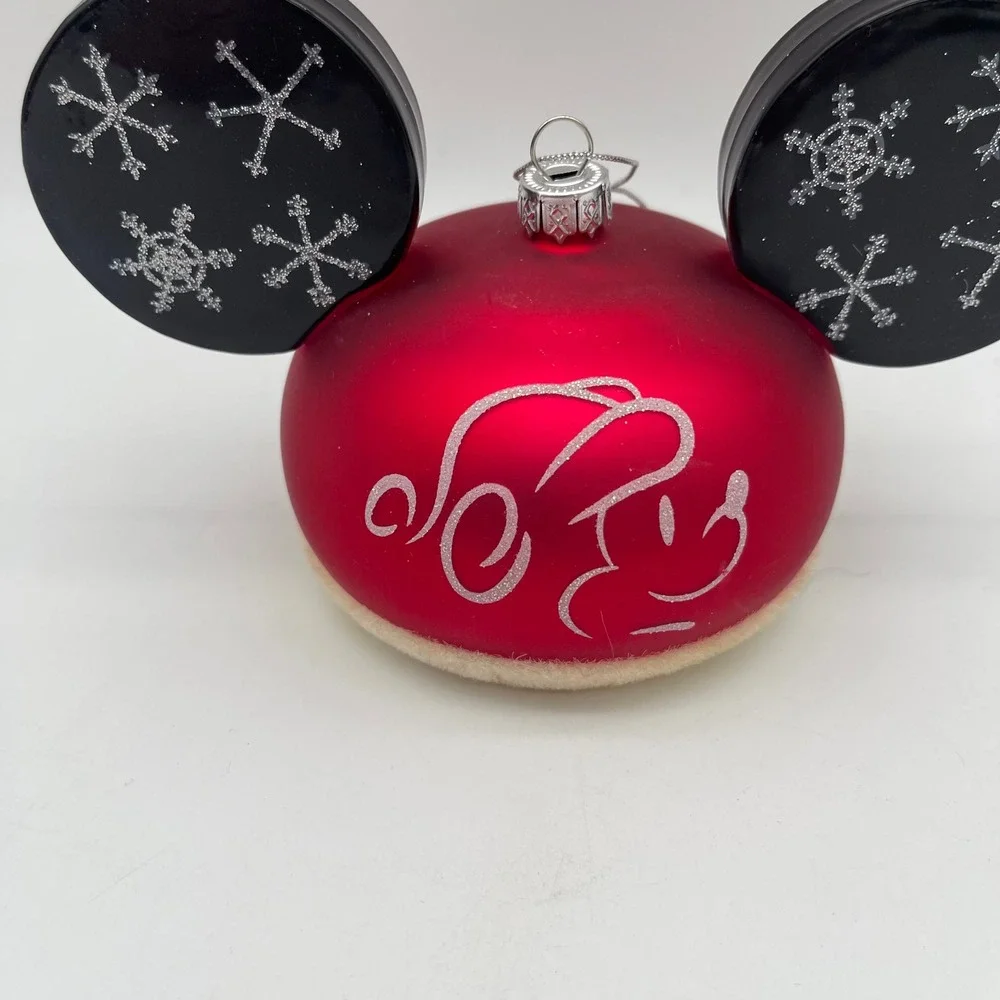 Disney Parks Mickey Mouse Ear Hat Glass Christmas Ornament Red Snowflake NEW